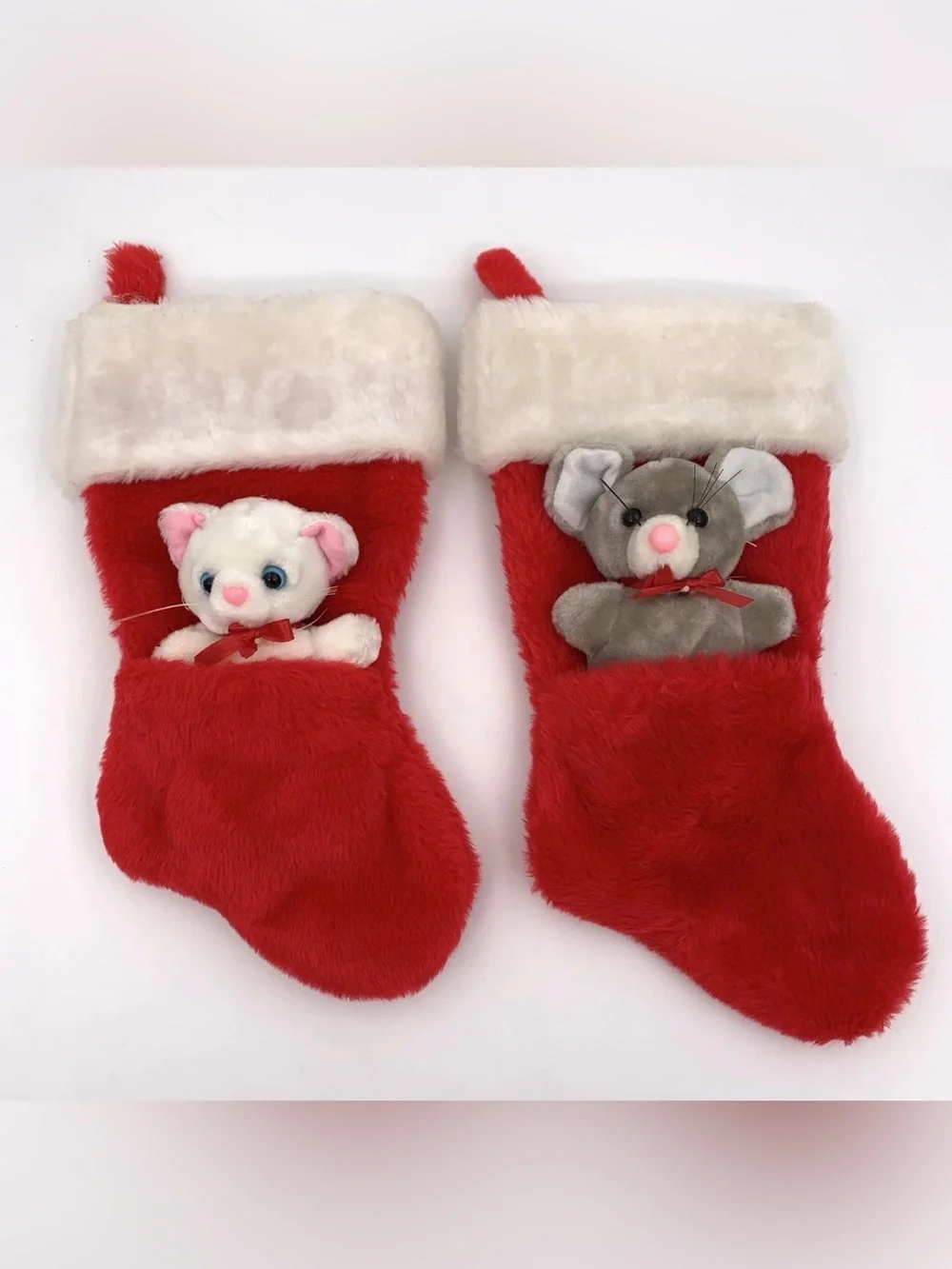 2 Vintage Santa’s Best Christmas Stockings 14” Small Mouse Cat Stuffed Animals.